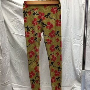LuLaRoe Chartreuse Green, Red, and Pink Cherry Blossom Leggings